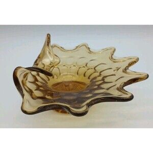 Amber Ashtray Dish Wave Art Glass MCM Folded Edge Footed  7.5” Vintage
